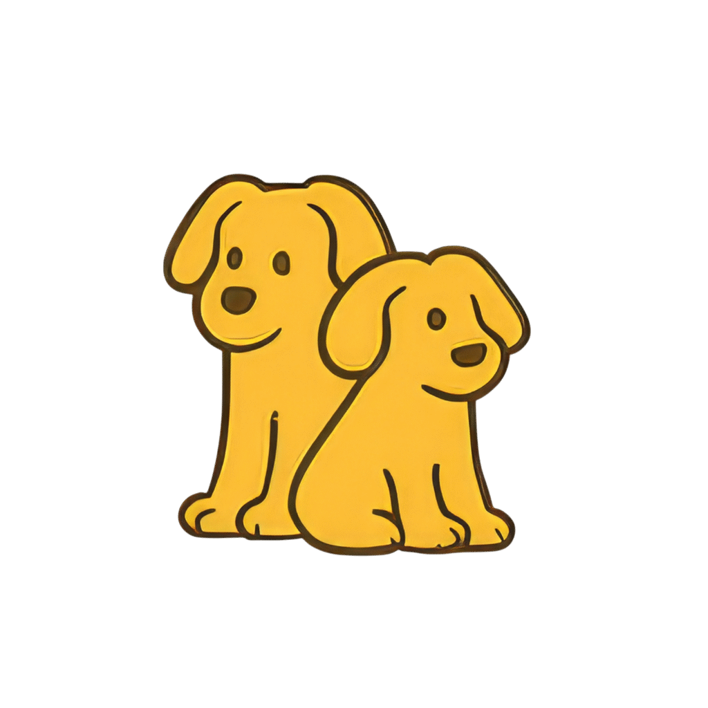 Illustration of two yellow cartoon puppies sitting side by side, both smiling and facing slightly left