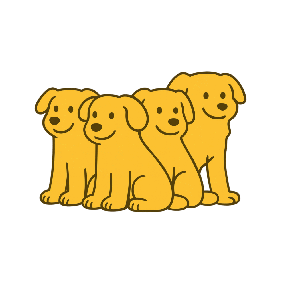 Illustration of four identical yellow cartoon puppies sitting in a row, all smiling and facing forward