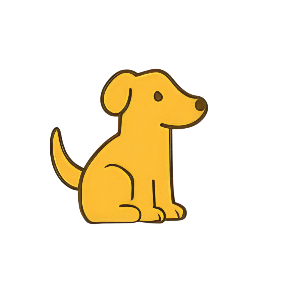 Illustration of a single yellow cartoon puppy sitting and facing to the right, with a small smile and simple black outlines